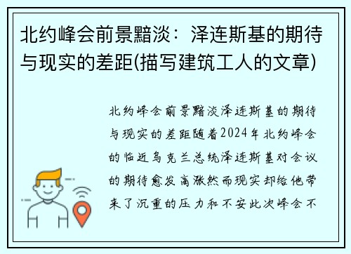 北约峰会前景黯淡：泽连斯基的期待与现实的差距(描写建筑工人的文章)
