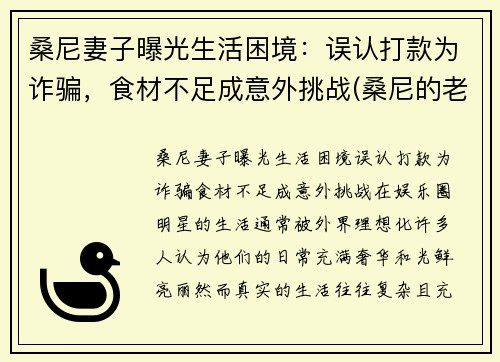 桑尼妻子曝光生活困境：误认打款为诈骗，食材不足成意外挑战(桑尼的老公)