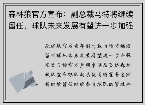森林狼官方宣布：副总裁马特将继续留任，球队未来发展有望进一步加强